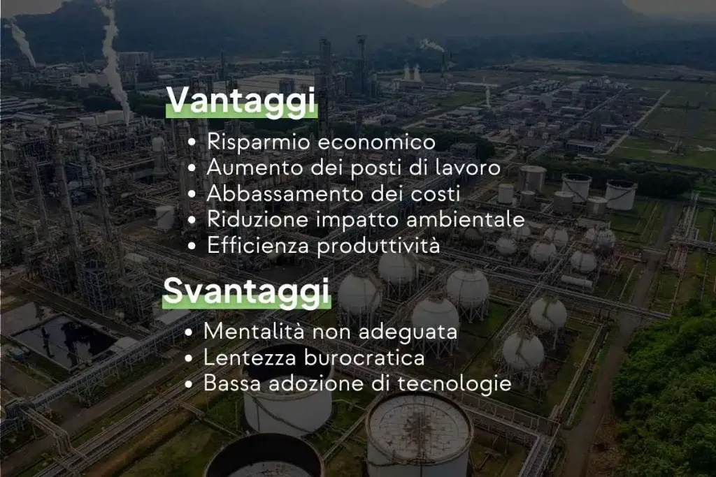  Infografica con scritto: "Vantaggi Economia Circolare: Risparmio economico, Aumento dei posti di lavoro, Abbassamento dei costi,
Riduzione impatto ambientale, Efficienza produttività. Svantaggi Economia Circolare: Mentalità non adeguata,
Lentezza burocratica,
Bassa adozione di tecnologie."