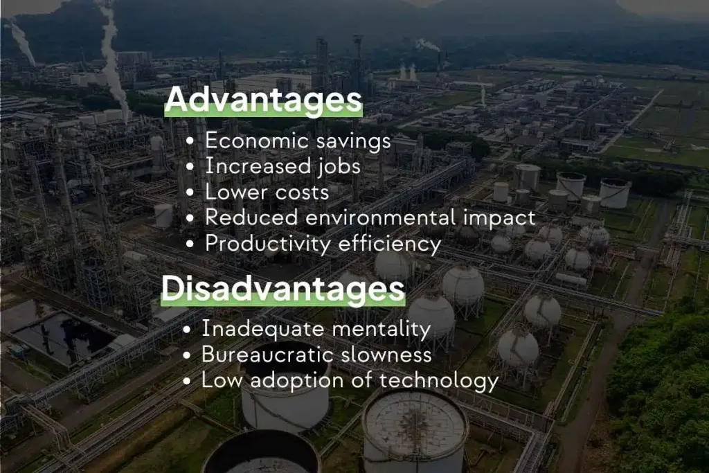 Infographic saying, "Circular Economy Benefits: Economic Savings, Increased jobs, Lowered costs,
Reduced environmental impact, Productivity efficiency. Disadvantages Circular Economy: Inadequate mentality, Slow bureaucracy,
Low technology adoption."