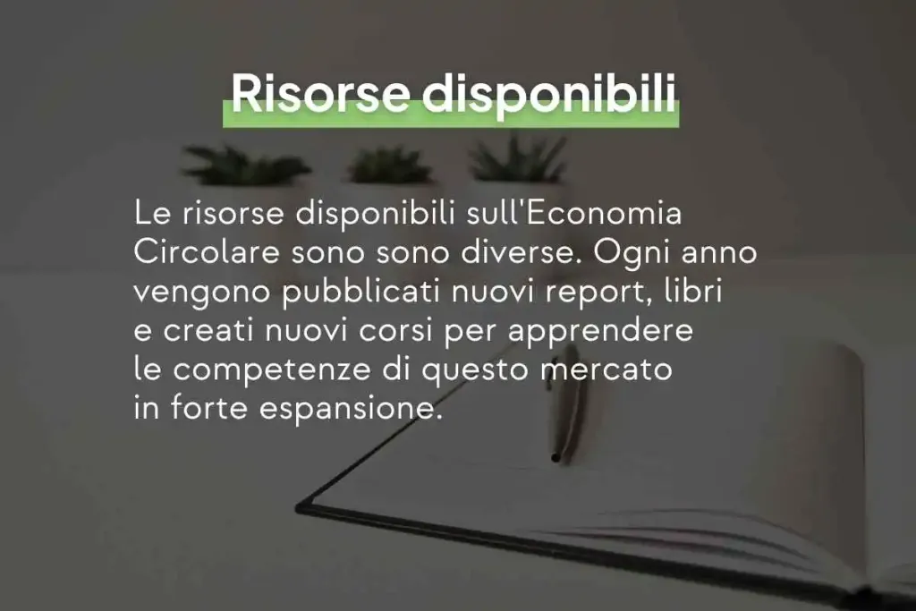  Infografica con scritto: "Le risorse disponibili sull'Economia Circolare sono sono diverse. Ogni anno vengono pubblicati nuovi report, libri e creati nuovi corsi per apprendere le competenze di questo mercato in forte espansione."