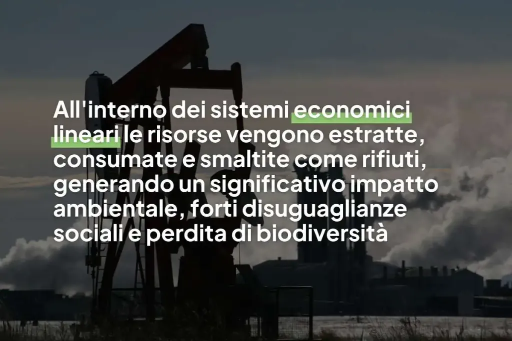 Infografica con scritto: All'interno dei sistemi economici lineari le risorse vengono estratte, consumate e smaltite come rifiuti, generando un significativo impatto ambientale, forti disuguaglianze sociali e perdita di biodiversità