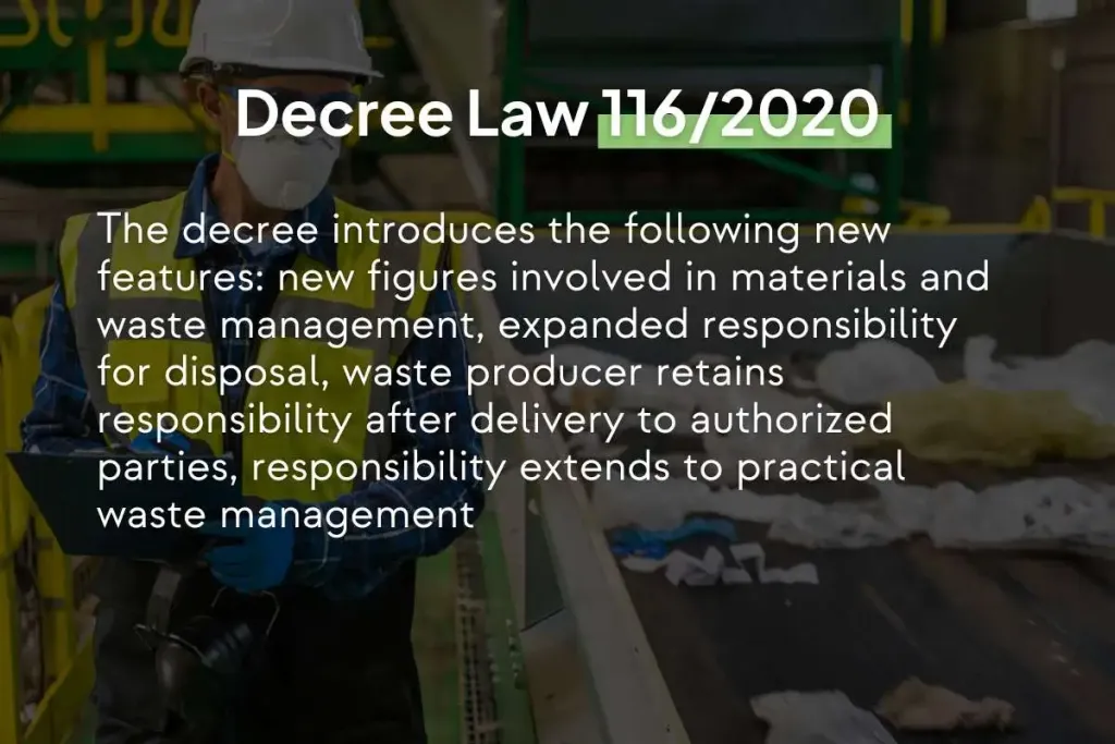 Infographic saying: Decree Law 116/2020 - The decree introduces the following new features: new figures involved in materials and waste management, expanded responsibility for disposal, waste producer retains responsibility after delivery to authorized parties, responsibility is extended to the practical management of waste