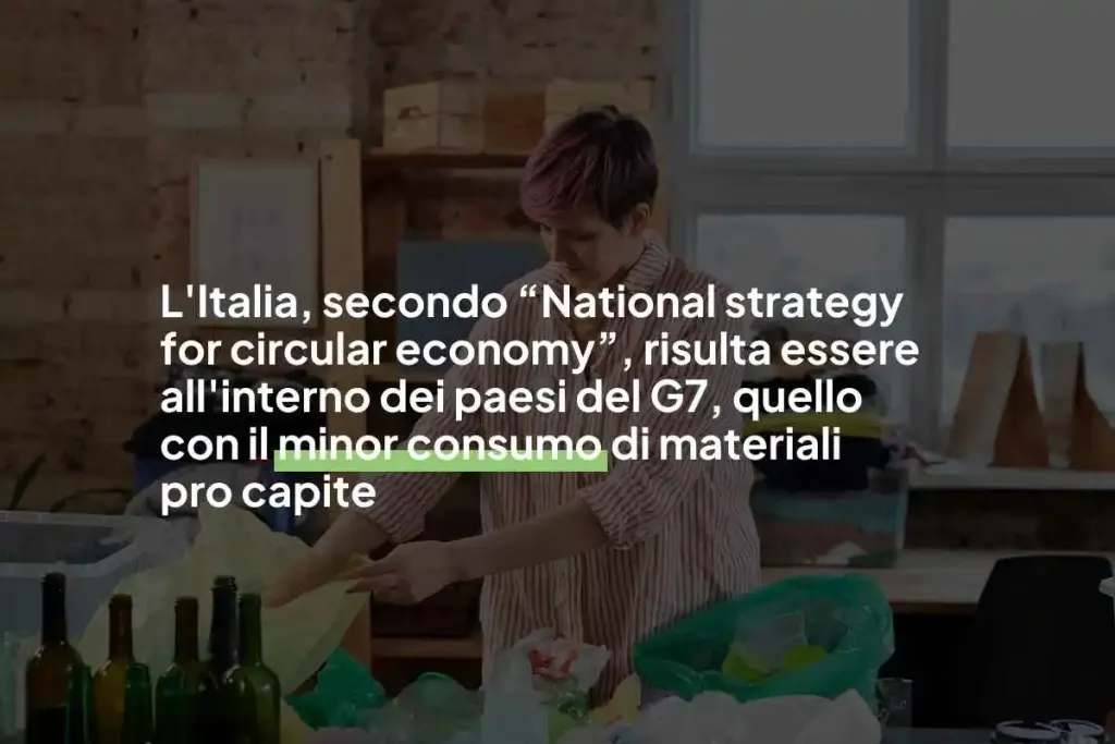  Infografica con scritto: "L'Italia, secondo “National strategy for circular economy”, risulta essere all'interno dei paesi del G7, quello con il minor consumo di materiali pro capite"