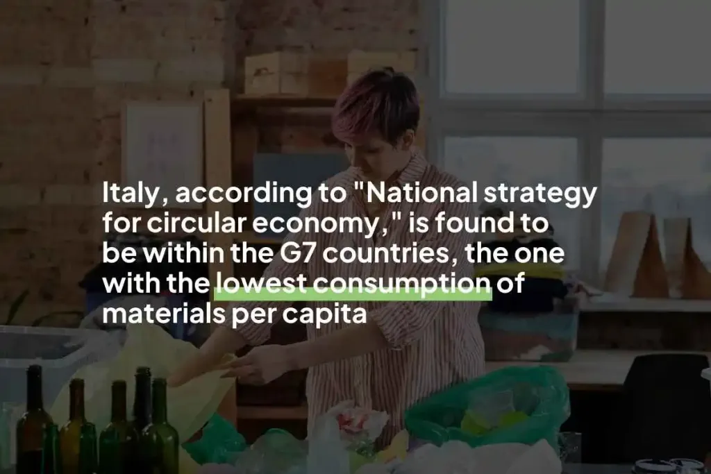 Infographic stating, "Italy, according to "National strategy for circular economy," turns out to be within the G7 countries, the one with the lowest materials consumption per capita"