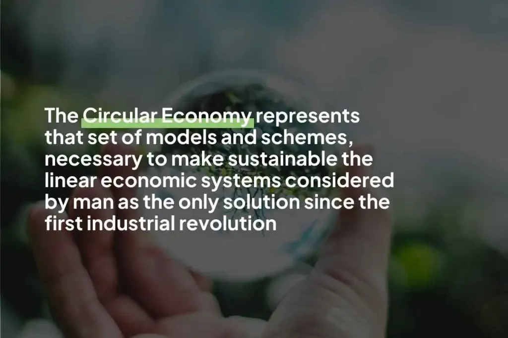 Infographic stating, "The Circular Economy represents that set of models and patterns,
necessary to make sustainable the linear economic systems considered by man as the only solution since the
first industrial revolution."