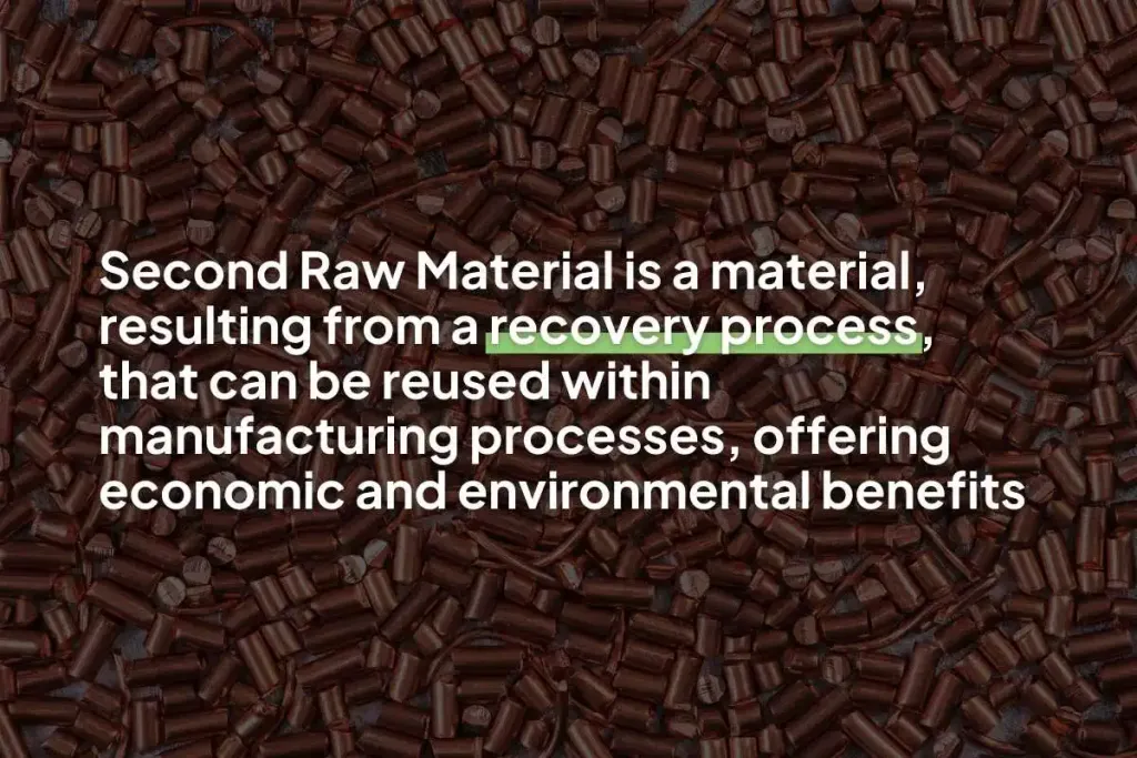 Infographic stating, "Second Raw Material is a material, resulting from a recovery process, that can be reused within manufacturing processes, offering economic and environmental benefits."