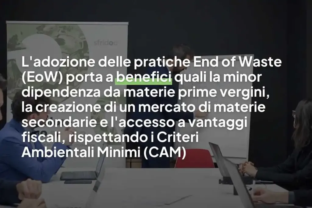 Grafica che ha come sfondo il team di Sfridoo durante una riunione e una scritta in primi piano: "L'adozione delle pratiche End of Waste (EoW) porta a benefici quali la minor dipendenza da materie prime vergini,
la creazione di un mercato di materie secondarie e l'accesso a vantaggi fiscali, rispettando i Criteri
Ambientali Minimi (CAM)"