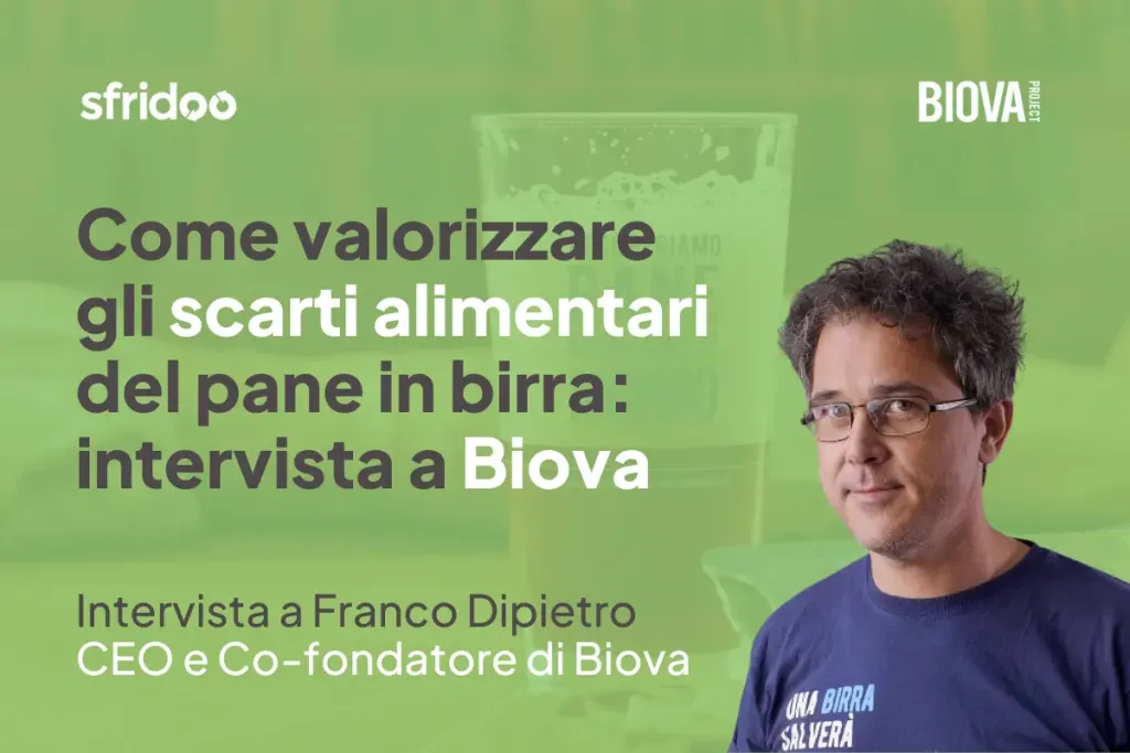 Nella grafica è presente Franco Dipietro, cofondatore di Biova, e il titolo dell'articolo "Come valorizzare gli scarti alimentari del pane in birra: intervista a Biova"