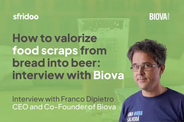 The graphic features Franco Dipietro, co-founder of Biova, and the title of the article, "How to valorize bread food waste into beer: interview with Biova"