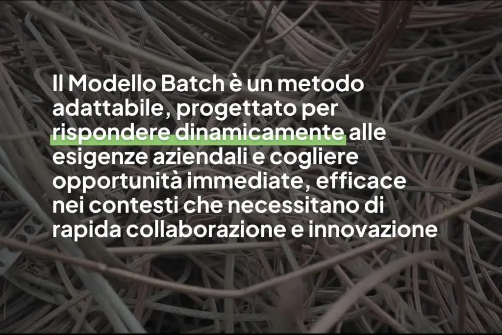 La grafica contiene il seguente testo:" Il Modello Batch è un metodo adattabile, progettato per rispondere dinamicamente alle esigenze aziendali e cogliere opportunità immediate, efficace nei contesti che necessitano di rapida collaborazione e innovazione