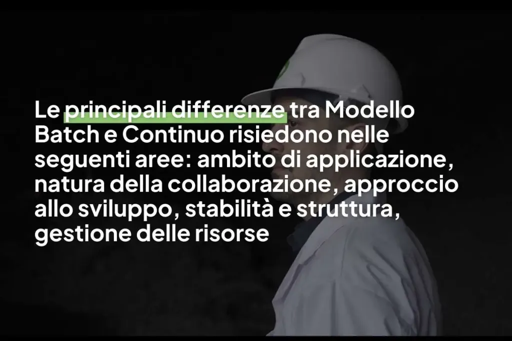 La grafica contiene il seguente testo:"Le principali differenze tra Modello Batch e Continuo risiedono nelle seguenti aree: ambito di applicazione, natura della collaborazione, approccio allo sviluppo, stabilità e struttura, gestione delle risorse"
