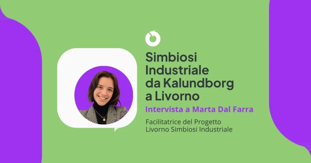 Nella grafica è presente Marta Dal Farra, facilitatrice del Progetto Livorno Simbiosi Industriale, e il titolo dell'articolo "Simbiosi Industriale da Kalundborg a Livorno: intervista a Marta Dal Farra"